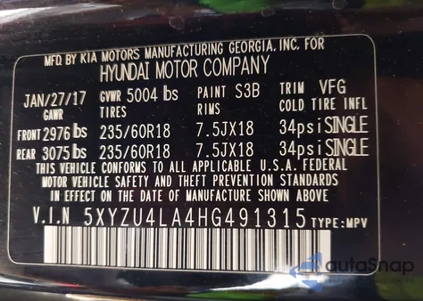 2017 Hyundai Santa Fe Sport 2.0T z USA, uszkodzony, nr VIN 5XYZU4LA4HG491315